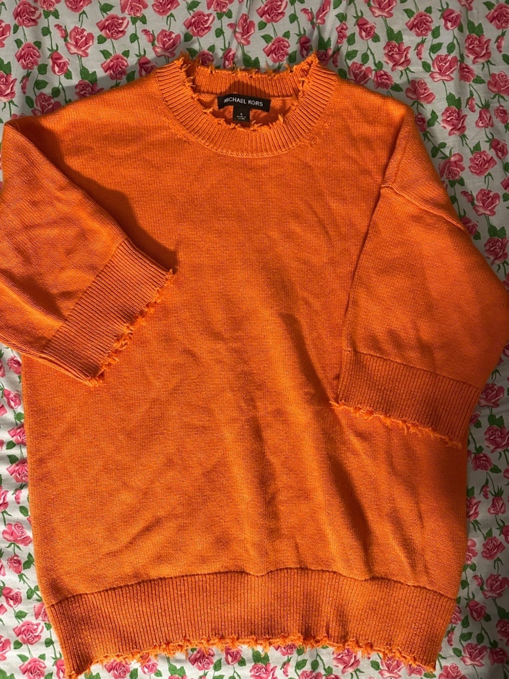 Michael Kors Orange 3/4 Sleeve Top with Fringe Tassels Women's Size S Boho Chic